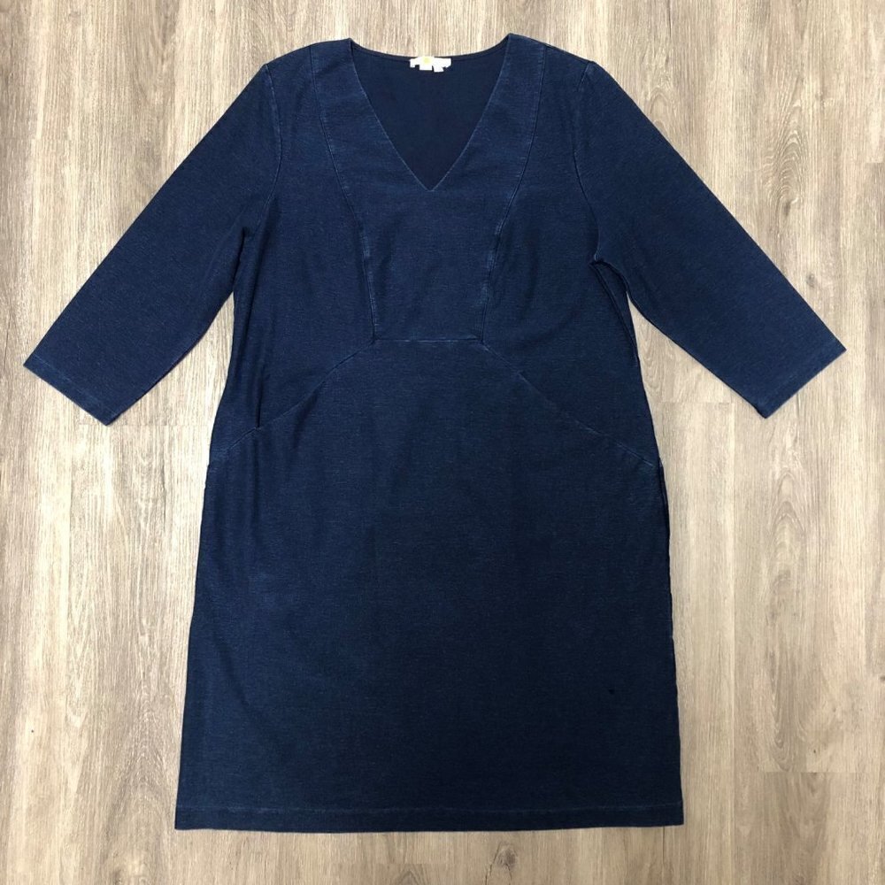 Boden Size 18L Denim Midi Dress V Neck 3/4 Sleeve Lagenlook Comfy Stretchy